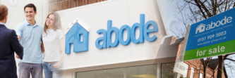 a mixed image containing a couple buying a home, the Abode shop front and a for sale sign