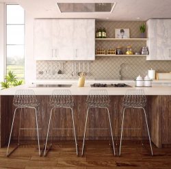 a modern kitchen with a breakfast bar and four bar stools