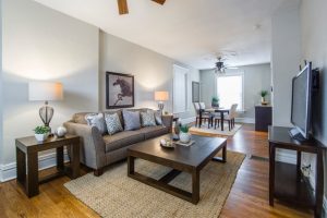 a furnished living room and dining area