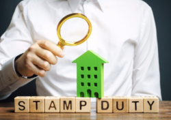 man looking through a magnifying glass at wooden blocks that spell out 'stamp duty'